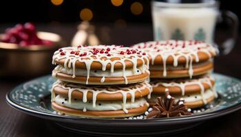 AI generated Homemade pancake stack with chocolate, fruit, and syrup indulgence generated by AI photo