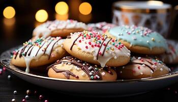 AI generated Homemade chocolate donut, a sweet indulgence on wooden table generated by AI photo