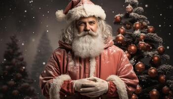 ai generado sonriente mayor hombre participación regalo, celebrando invierno con Navidad árbol generado por ai foto