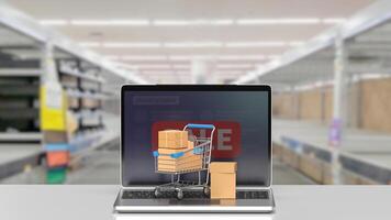 The shopping trolley and Notebook for online market concept 3d rendering. photo