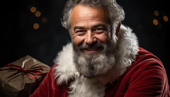 AI generated Smiling senior man holding gift, celebrating Christmas with joy generated by AI photo