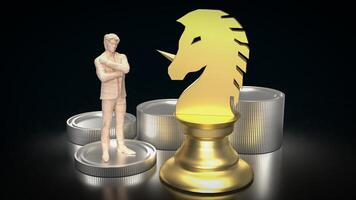 The Gold Unicorn Chess and man Figure for Business concept 3d Rendering. photo