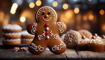 AI generated Homemade gingerbread man, decorated with icing, on rustic wooden table generated by AI photo