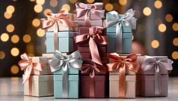 AI generated A stack of wrapped gift boxes in shiny, multi colored paper generated by AI photo