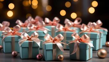 AI generated A large group of wrapped gift boxes glowing with elegance generated by AI photo
