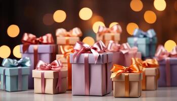 AI generated A stack of shiny wrapped gift boxes, a celebration event generated by AI photo