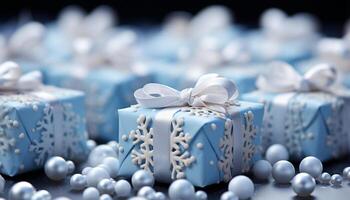 AI generated A shiny blue gift box wrapped in snowflake patterned wrapping paper generated by AI photo