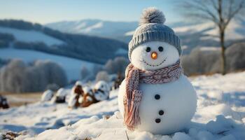 ai generado monigote de nieve sonriente en invierno, naturaleza celebracion de bola de nieve divertido generado por ai foto