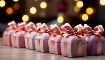 AI generated A stack of wrapped gift boxes on a wooden table generated by AI photo