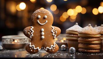 ai generado hecho en casa pan de jengibre galletas Decorar el invierno mesa, dulce celebracion generado por ai foto