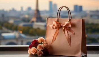ai generado compras bolso con regalo, flores, y paisaje urbano simbolizar moderno elegancia generado por ai foto