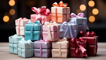 AI generated A large stack of wrapped gift boxes in vibrant colors generated by AI photo