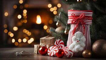 ai generado brillante Navidad árbol decoración ilumina invierno celebracion con alegría generado por ai foto