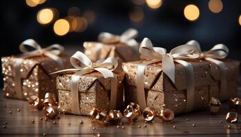 AI generated A wrapped gift box with shiny gold decoration generated by AI photo