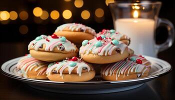 AI generated Homemade dessert plate sweet cookie, chocolate icing, gourmet snack generated by AI photo