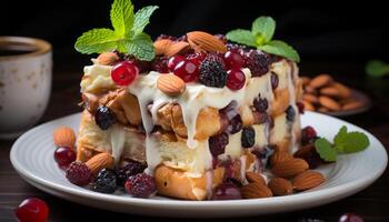 ai generado hecho en casa gastrónomo postre chocolate tarta de queso con frambuesa y arándano generado por ai foto