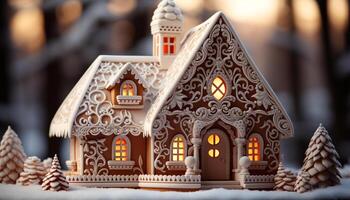 AI generated Homemade gingerbread house, snowflake decoration, sweet gingerbread cookie celebration generated by AI photo