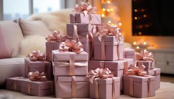 AI generated Large stack of gift boxes on table, illuminated with elegance generated by AI photo