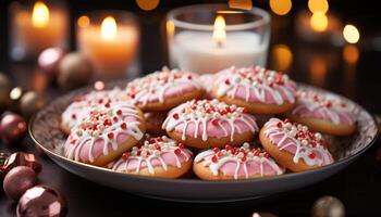 AI generated Homemade dessert sweet cookie with chocolate icing and candle flame generated by AI photo