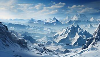 AI generated Majestic mountain peak, snow covered landscape, tranquil scene, frozen beauty generated by AI photo