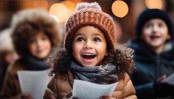 ai generado sonriente niños disfrutando invierno al aire libre, linda y alegre familia unión generado por ai foto