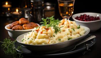 AI generated Freshness and heat on a rustic table, healthy vegetarian meal generated by AI photo