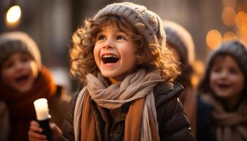 ai generado sonriente niño, felicidad al aire libre, alegre muchachas en calentar ropa generado por ai foto