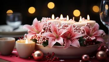 ai generado romántico luz de una vela ilumina elegante mesa con flores y chocolate postre generado por ai foto