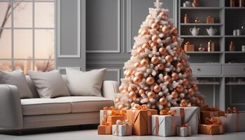 AI generated Christmas tree decoration illuminates living room with elegant gifts generated by AI photo