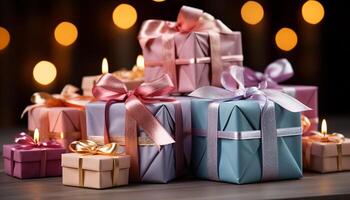 AI generated A shiny gift box wrapped in colorful wrapping paper generated by AI photo