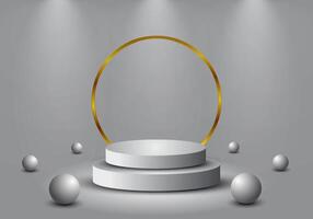 3D cylinder pedestal podium with luxury gold circle background. Minimal scene for product stage exhibition, promotional display. vector