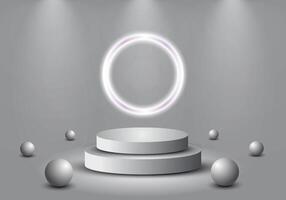 3D cylindrical pedestal podium with glowing circles and balls background. Minimal scene for product stage exhibition, promotional display. vector