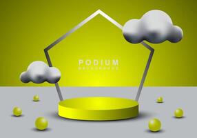 3D cylindrical pedestal podium with pentagons and clouds background. Minimal scene for product stage exhibition, promotional display. vector