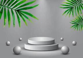 3d background product showing podium scene with leaves. vector rendering of 3d background with podium.