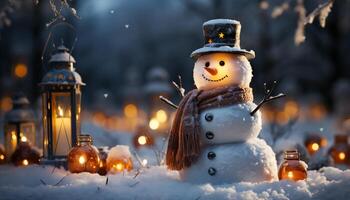 AI generated Snowman smiling in the dark winter night, illuminated by candlelight generated by AI photo