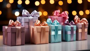 AI generated A stack of wrapped gift boxes, shiny and colorful generated by AI photo