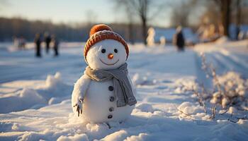 AI generated Cheerful snowman playing in winter forest, smiling with carrot nose generated by AI photo