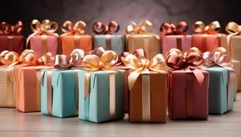 AI generated Large group of wrapped gift boxes in shiny, multi colored wrapping paper generated by AI photo