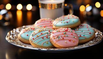 AI generated Homemade gourmet cookies, decorated with colorful icing and chocolate generated by AI photo