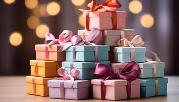 AI generated A large stack of wrapped gift boxes in various colors generated by AI photo