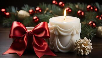 AI generated Glowing candle illuminates winter celebration, gift of Christmas tree generated by AI photo