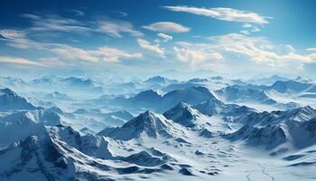 AI generated Majestic mountain peak, snow covered landscape, tranquil nature, panoramic beauty generated by AI photo