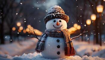 ai generado alegre monigote de nieve sonriente en invierno noche, naturaleza alegre celebracion generado por ai foto