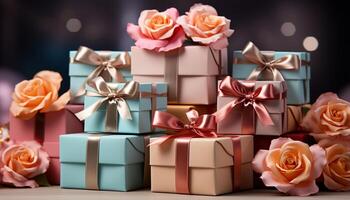 AI generated A stack of gift boxes wrapped in colorful wrapping paper generated by AI photo