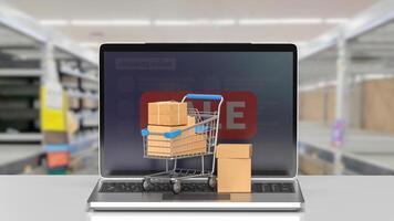 The shopping trolley and Notebook for online market concept 3d rendering. photo