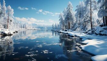 AI generated Winter landscape frozen forest, tranquil reflection, majestic mountain range generated by AI photo