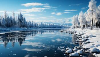 AI generated Tranquil winter landscape snow covered mountains reflect in icy water generated by AI photo