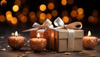 AI generated Glowing candle illuminates gift box in festive Christmas celebration generated by AI photo