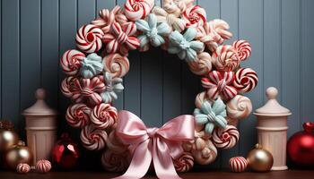 AI generated Cute candy cane shapes decorate the bright winter backdrop generated by AI photo