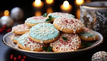 AI generated Homemade chocolate snowflake shortbread, a winter indulgence on festive table generated by AI photo